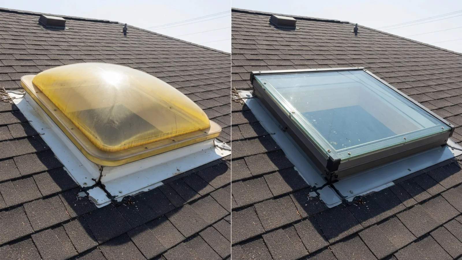 Yellowed acrylic dome beside a clear glass skylight on an Austin roof