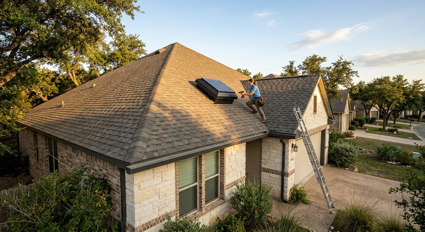 Austin shingle roof with a solar attic fan hood in late-day sun
