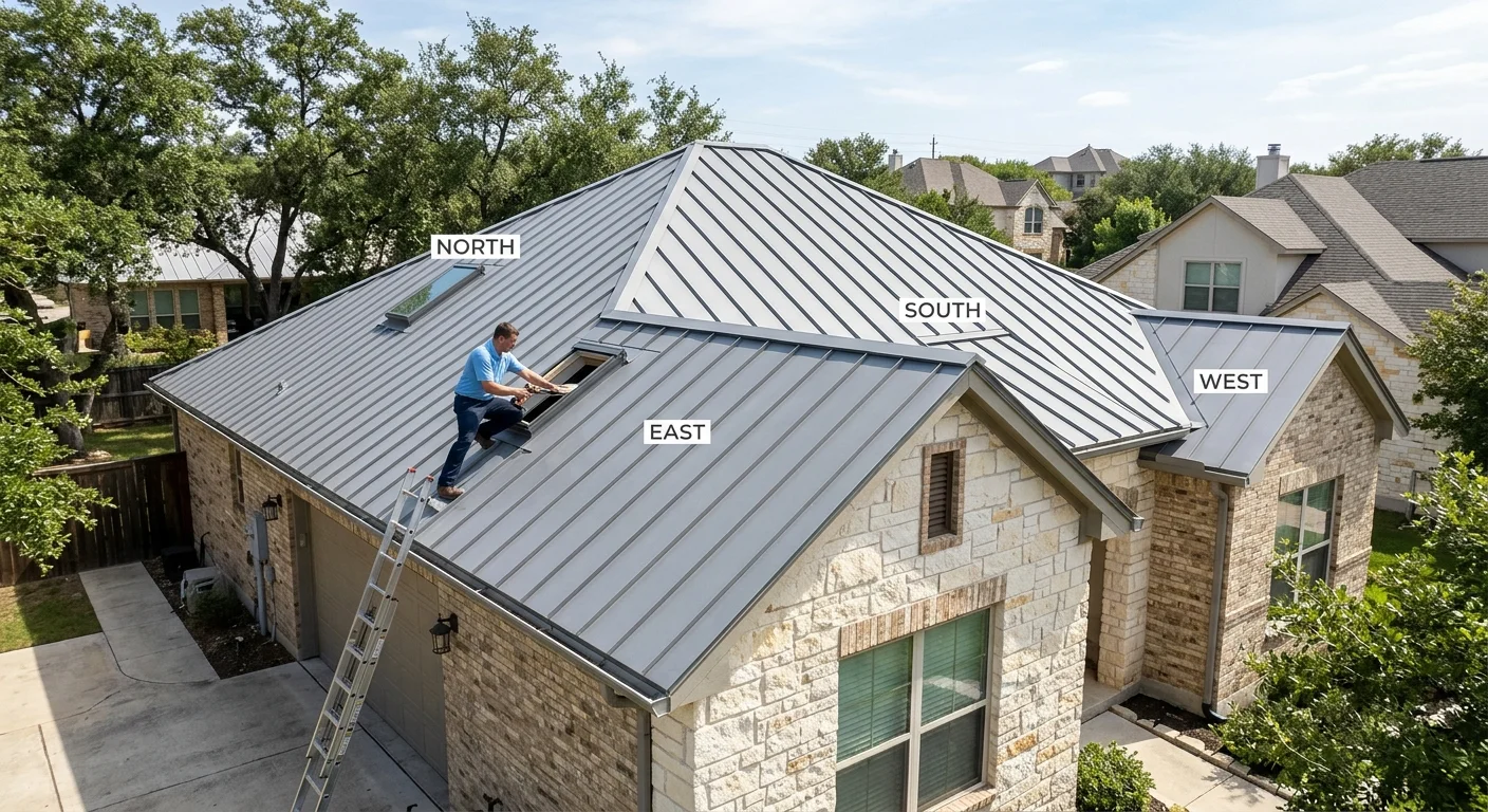 Austin roof with north, south, east, and west planes marked for skylight placement