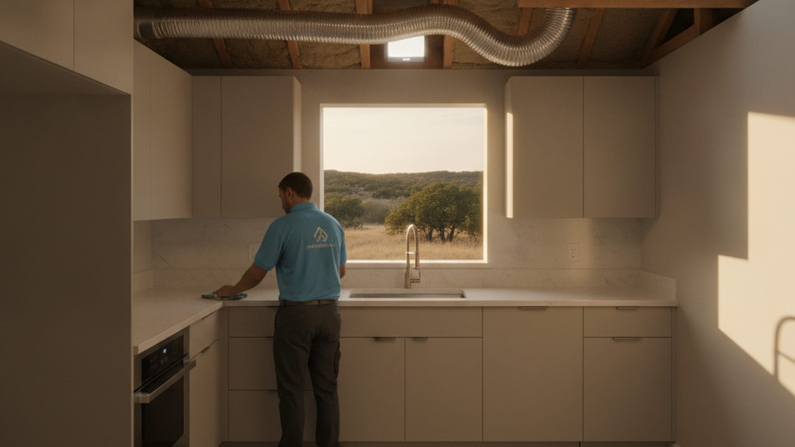 Bright daylight streaming from a ceiling-mounted solar tube diffuser into an Austin kitchen with no exterior windows
