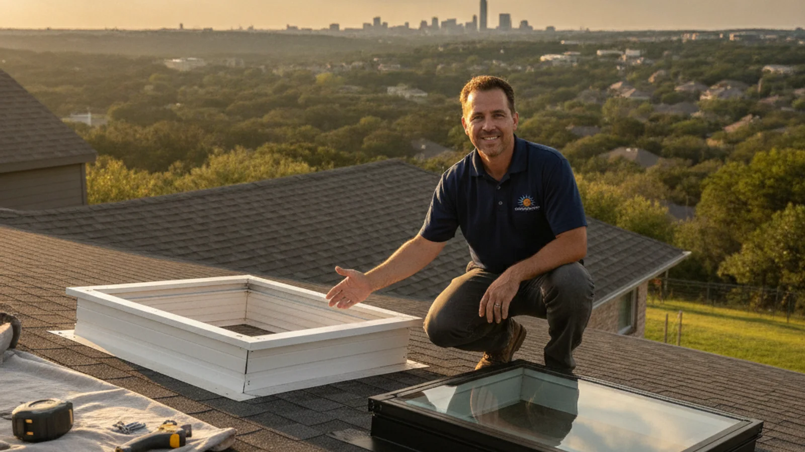 Cross section illustration comparing a curb mounted and deck mounted skylight on an Austin roof