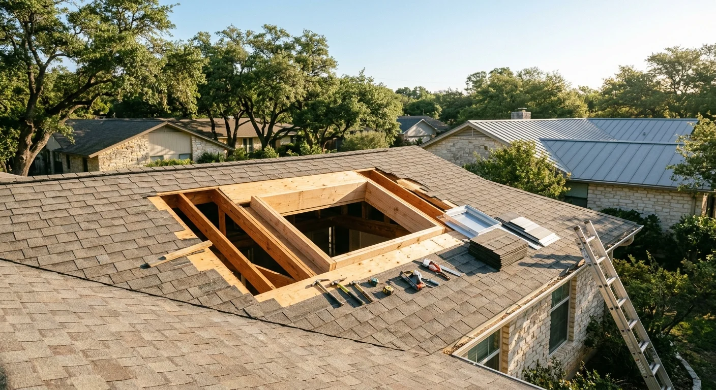 Austin roof with a nonstandard skylight opening between rafters
