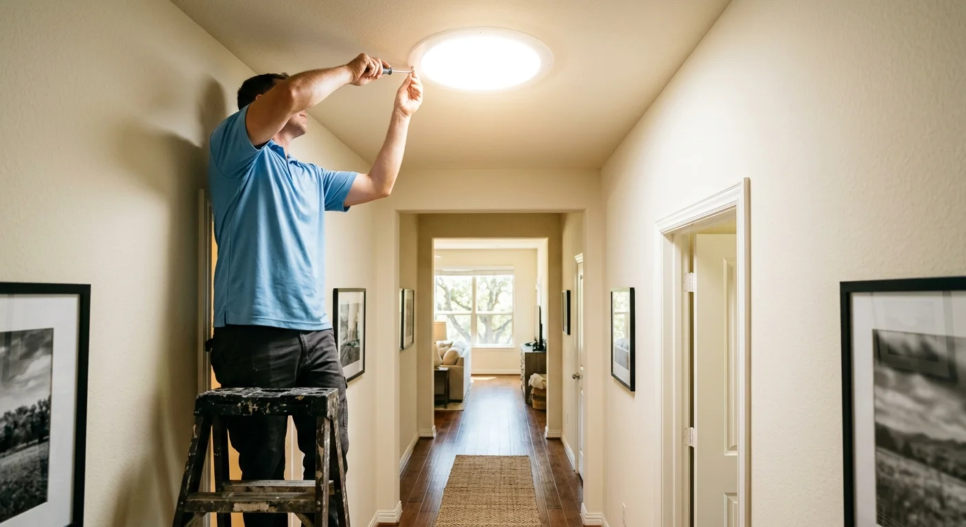 Solar tube diffuser in an Austin hallway ceiling on a hot afternoon
