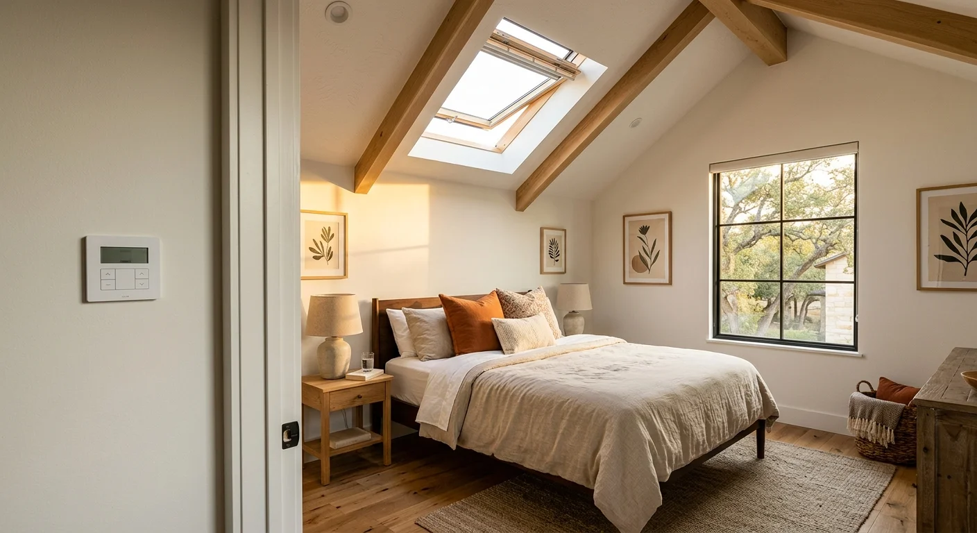 Austin bedroom with a vented skylight and a wall control
