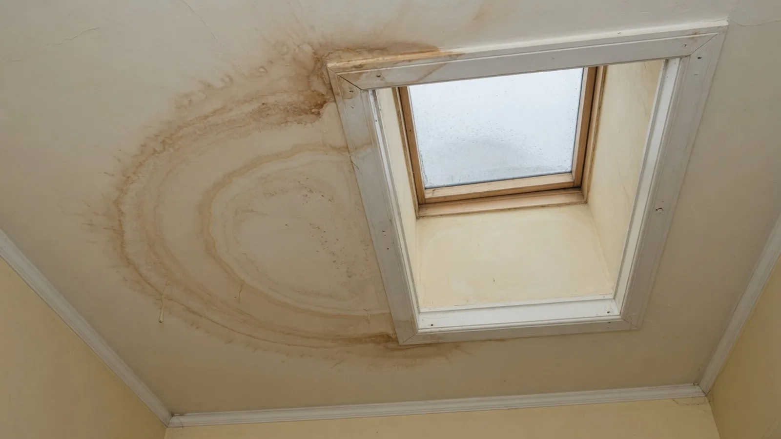Water stain below an Austin skylight after rain