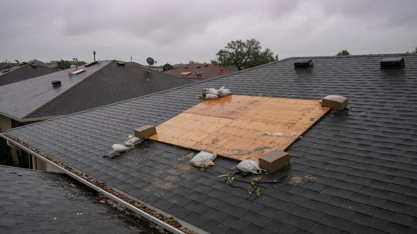 Temporary exterior cover over a residential skylight on an Austin roof