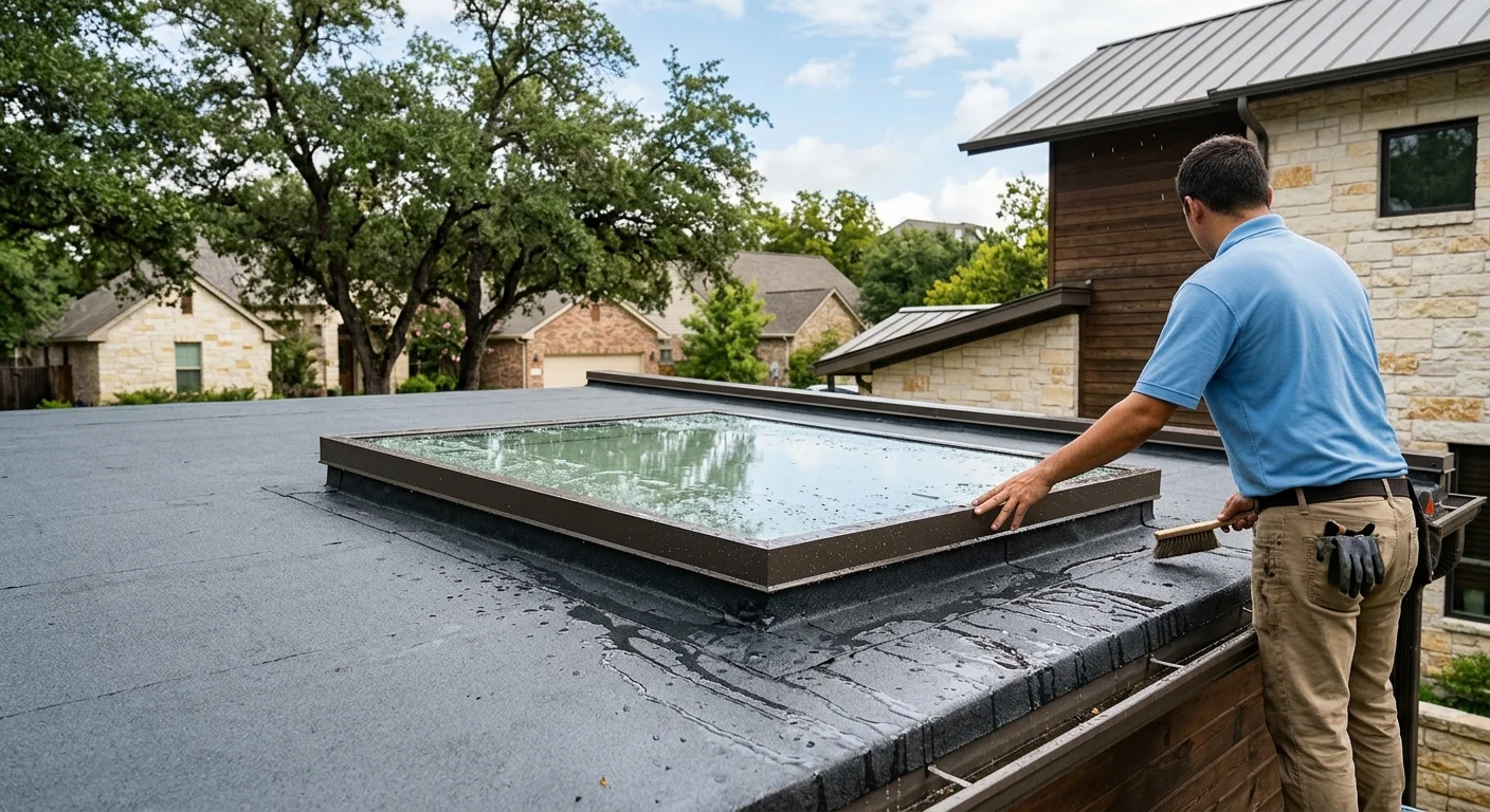 Ground-level view of a residential flat-roof skylight after light rain