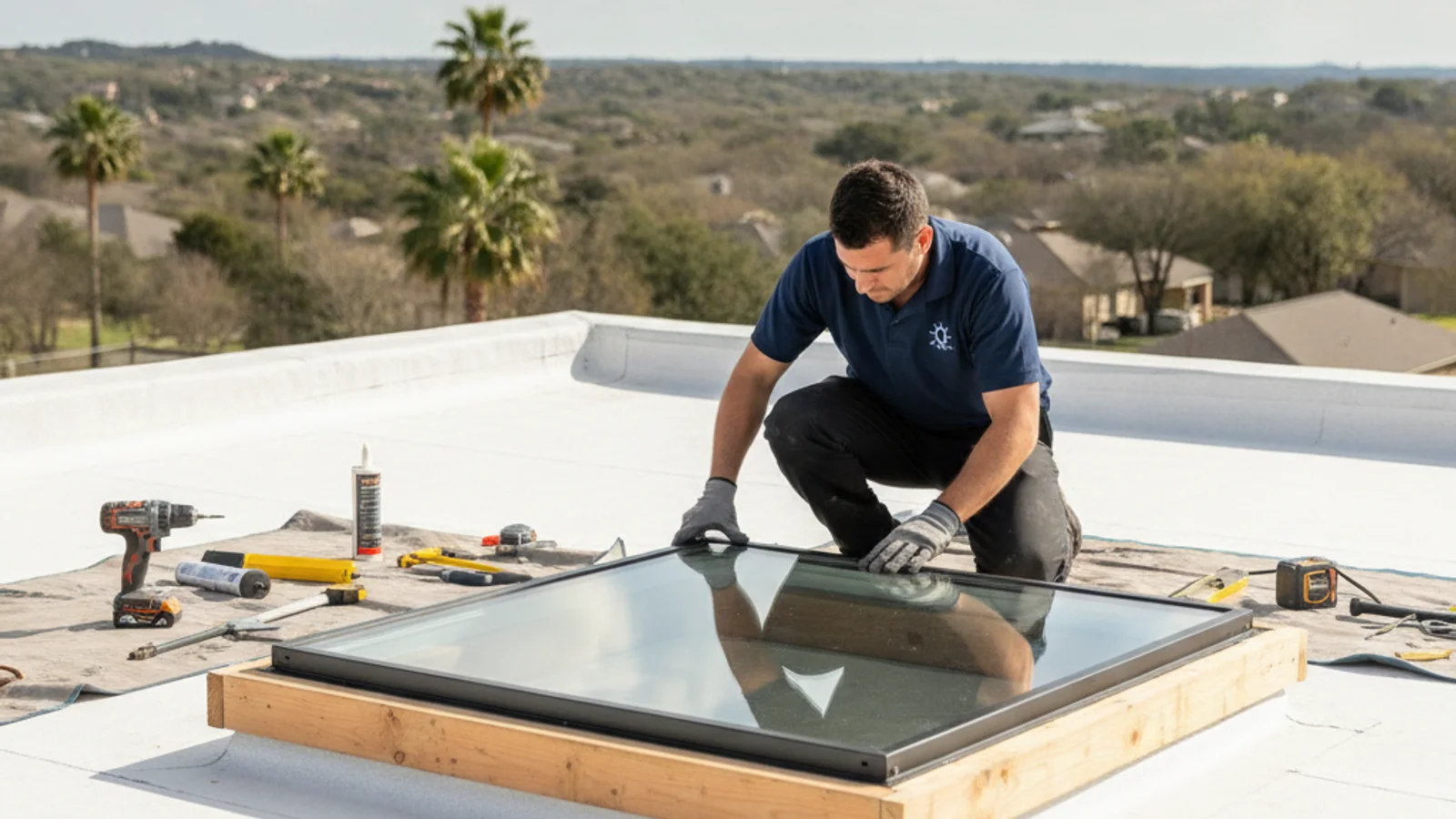 Curb-mounted skylight installed on a flat commercial roof in Austin