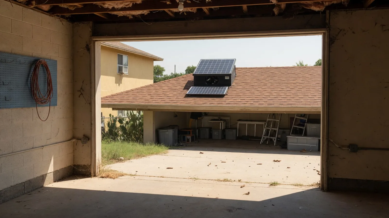 Closed Austin residential garage with a small solar roof vent visible
