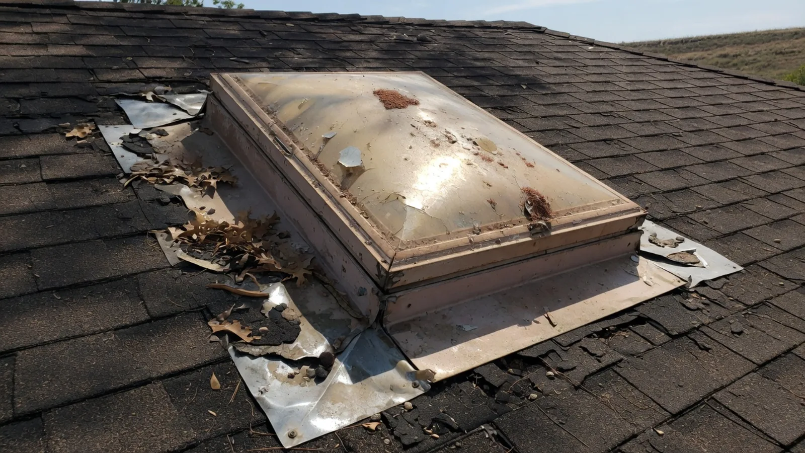 Weathered older skylight on a sun-baked Central Texas asphalt-shingle roof