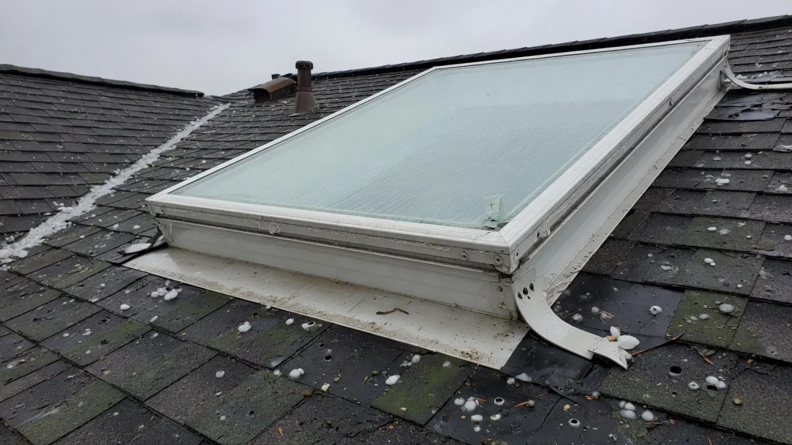 Laminated residential skylight on an Austin roof beside hail-bruised shingles
