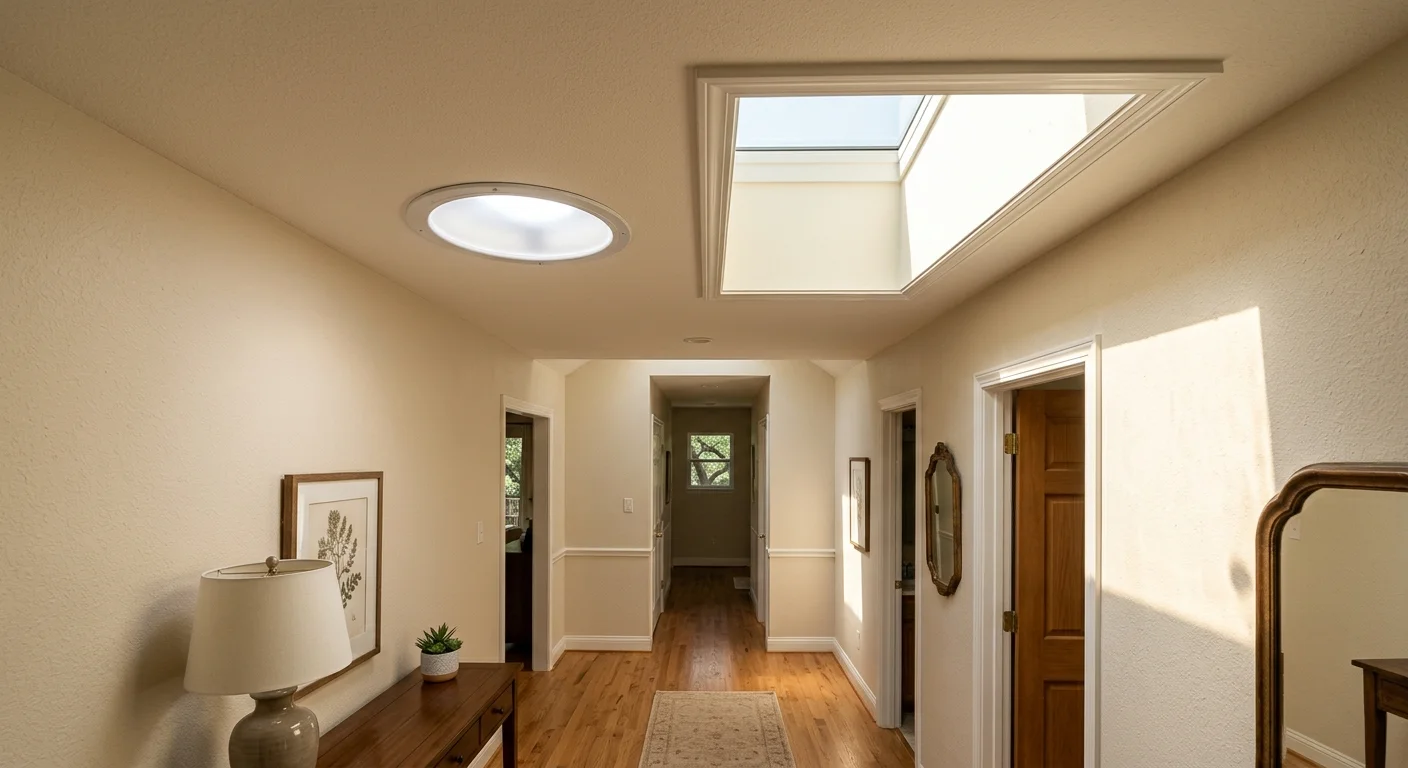 Round sun-tunnel diffuser beside a rectangular skylight well in an Austin hallway
