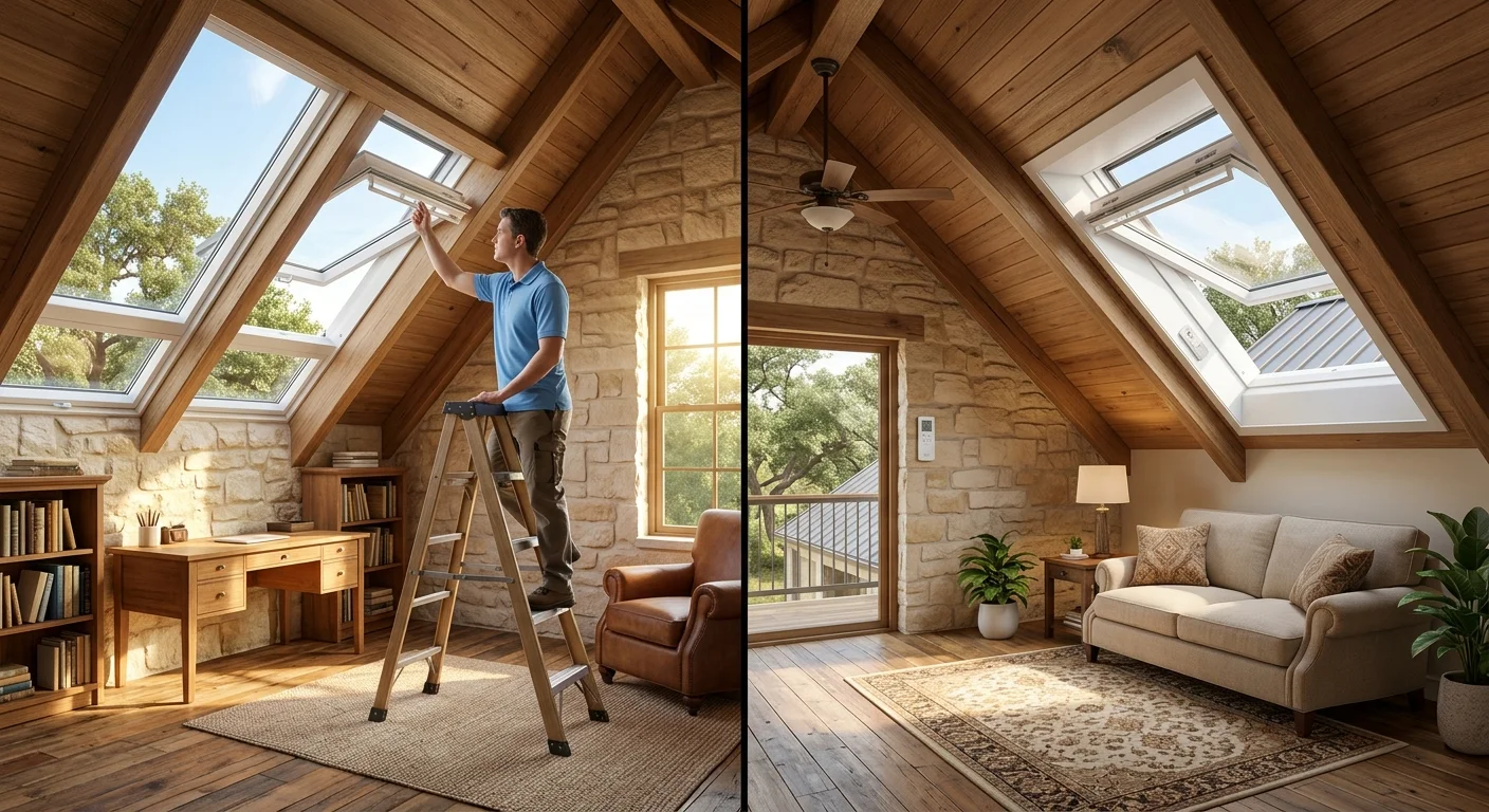 Manual and electric roof windows in finished attic rooms in a warm-climate home