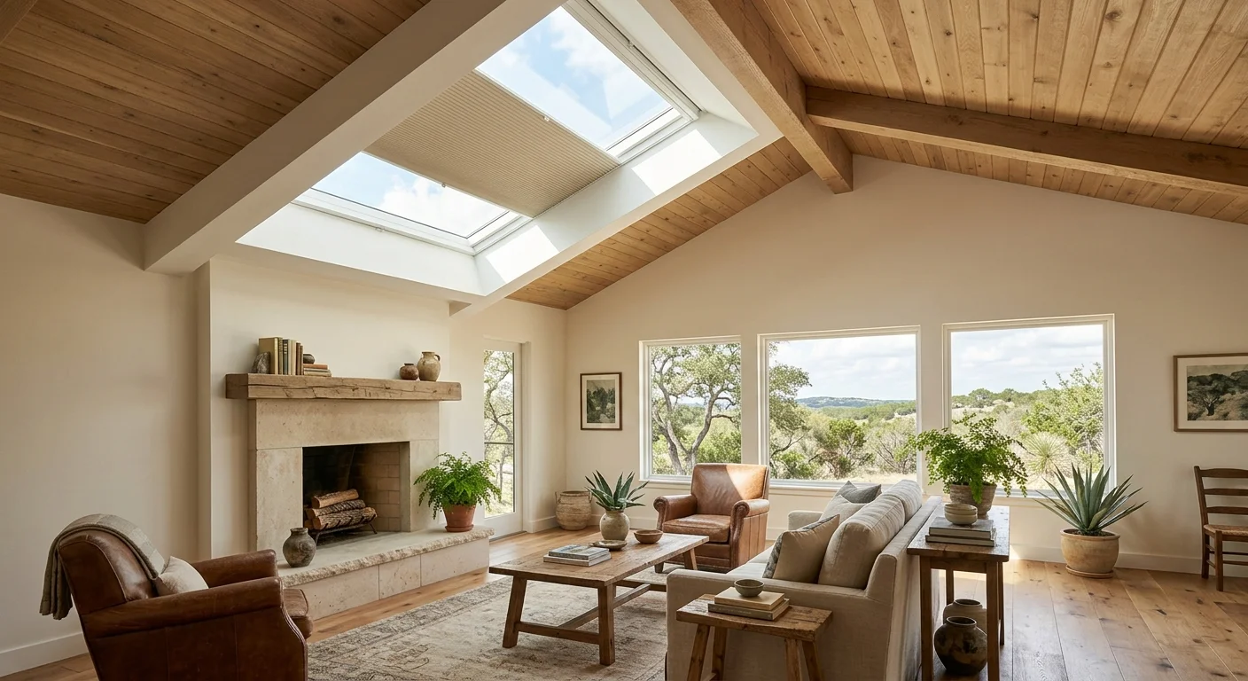 Bee Cave living room with a motorized shade partly closed over a bright