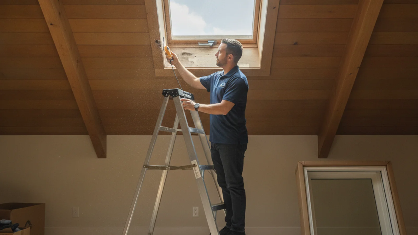 Weathered skylight frame being inspected on an Austin roof for repair or replacement