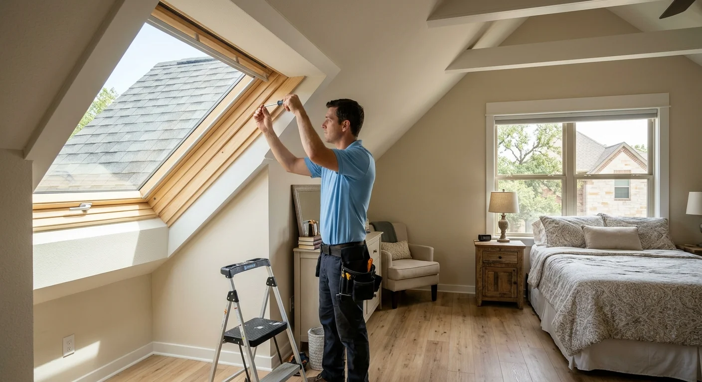 Roof window in a finished attic bedroom of a Round Rock two-story home