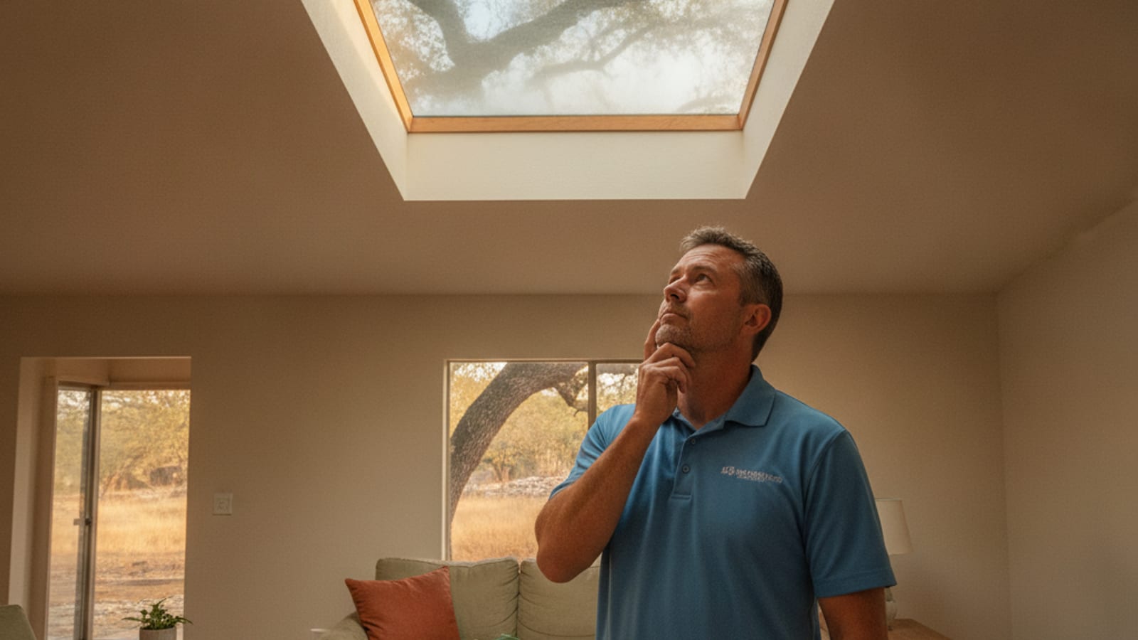 Water droplets forming on the interior glass of a skylight in an Austin home on a humid morning