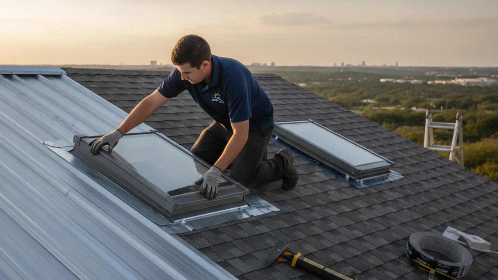 Standing-seam metal roof with a skylight flashing kit installed matching the panel profile