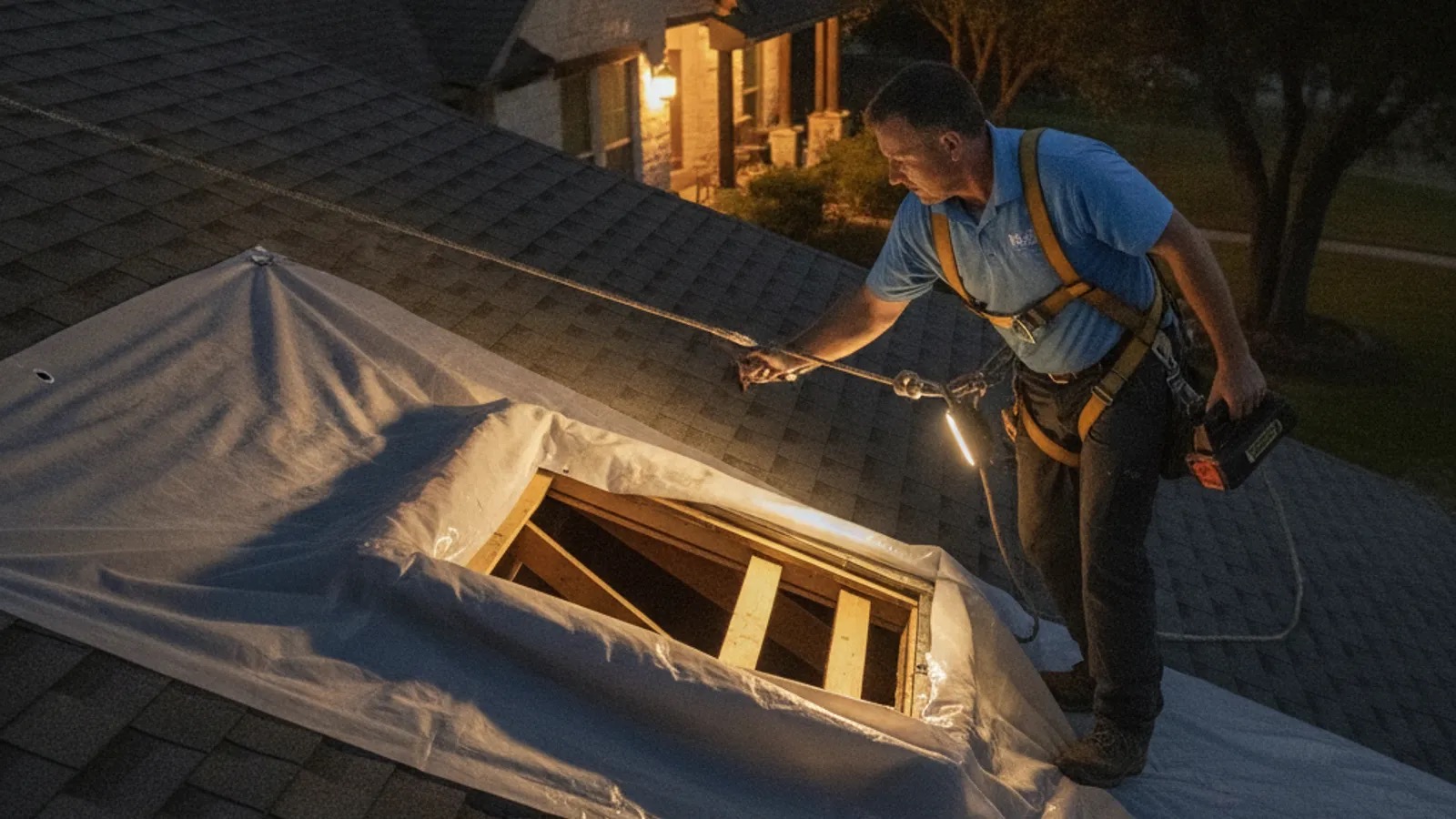 Cracked acrylic skylight dome after a hailstorm on an Austin home, viewed from the roof