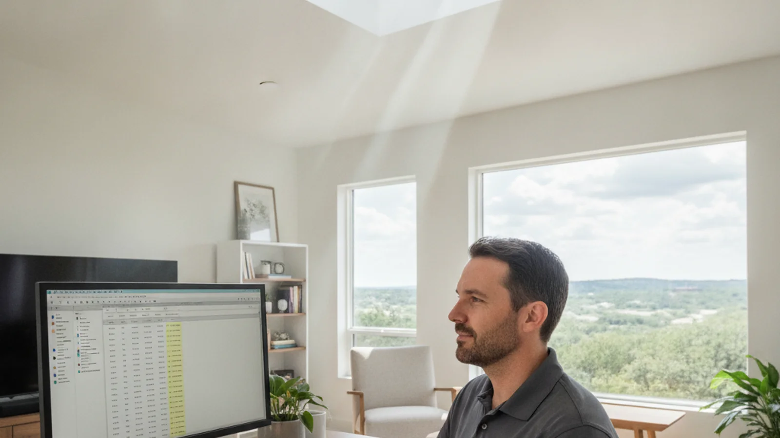 Home office desk under a skylight with light-filtering shade partially drawn in an Austin house