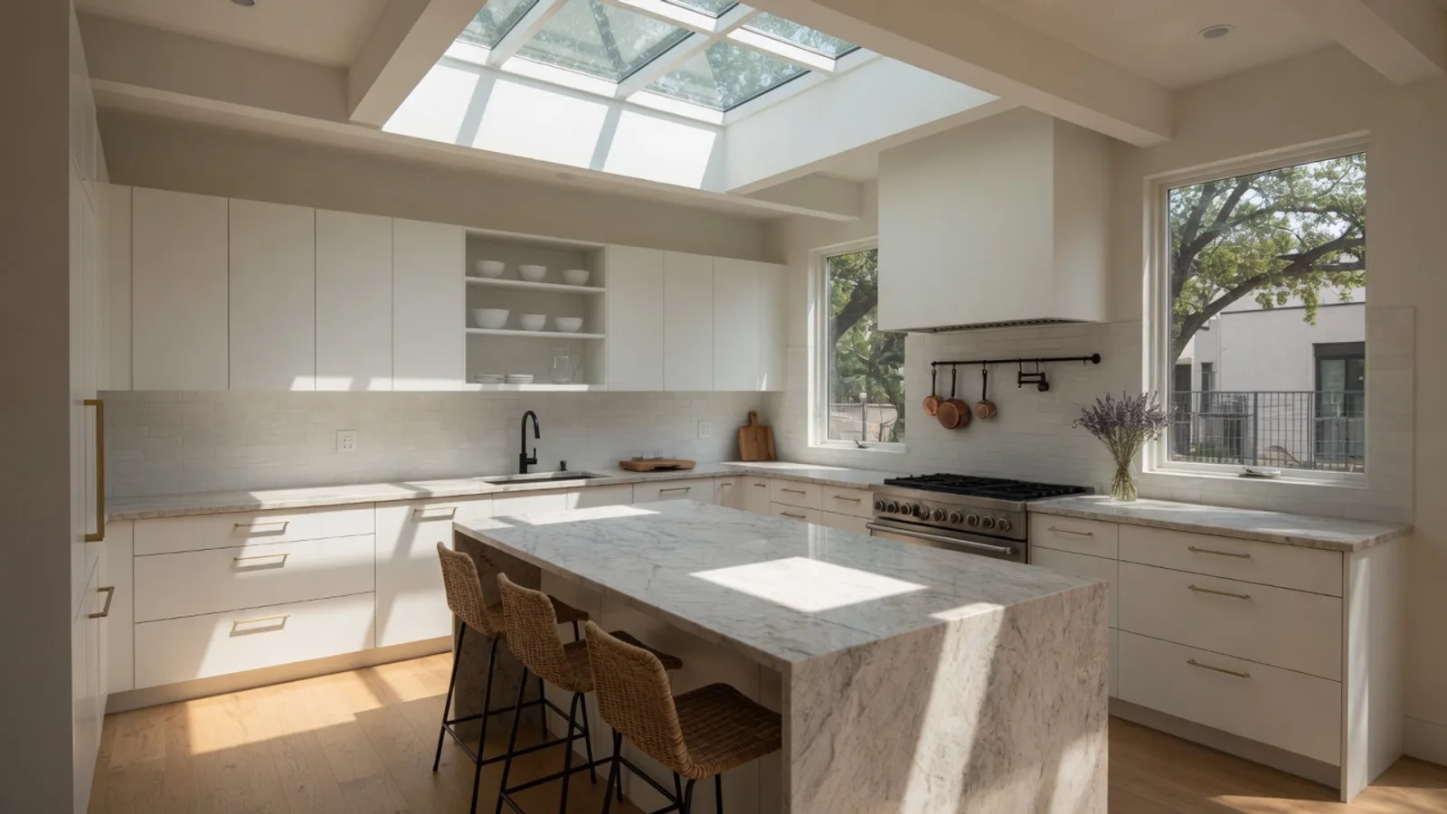 Rectangular skylight over an empty modern Austin kitchen island