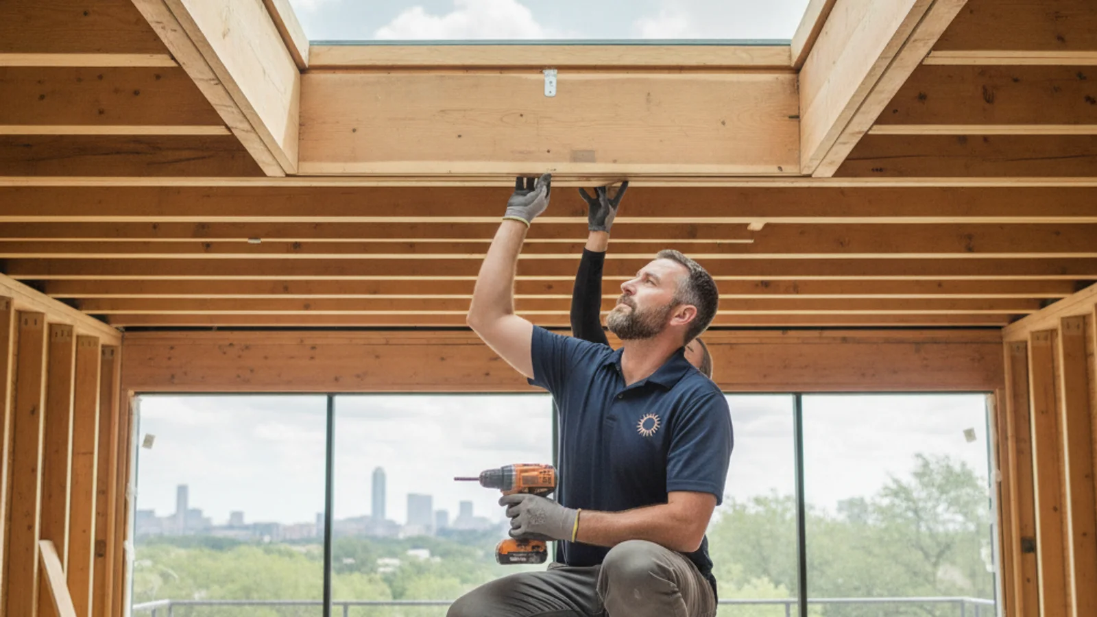 Installer working on an open skylight roof opening on a clear day in Austin