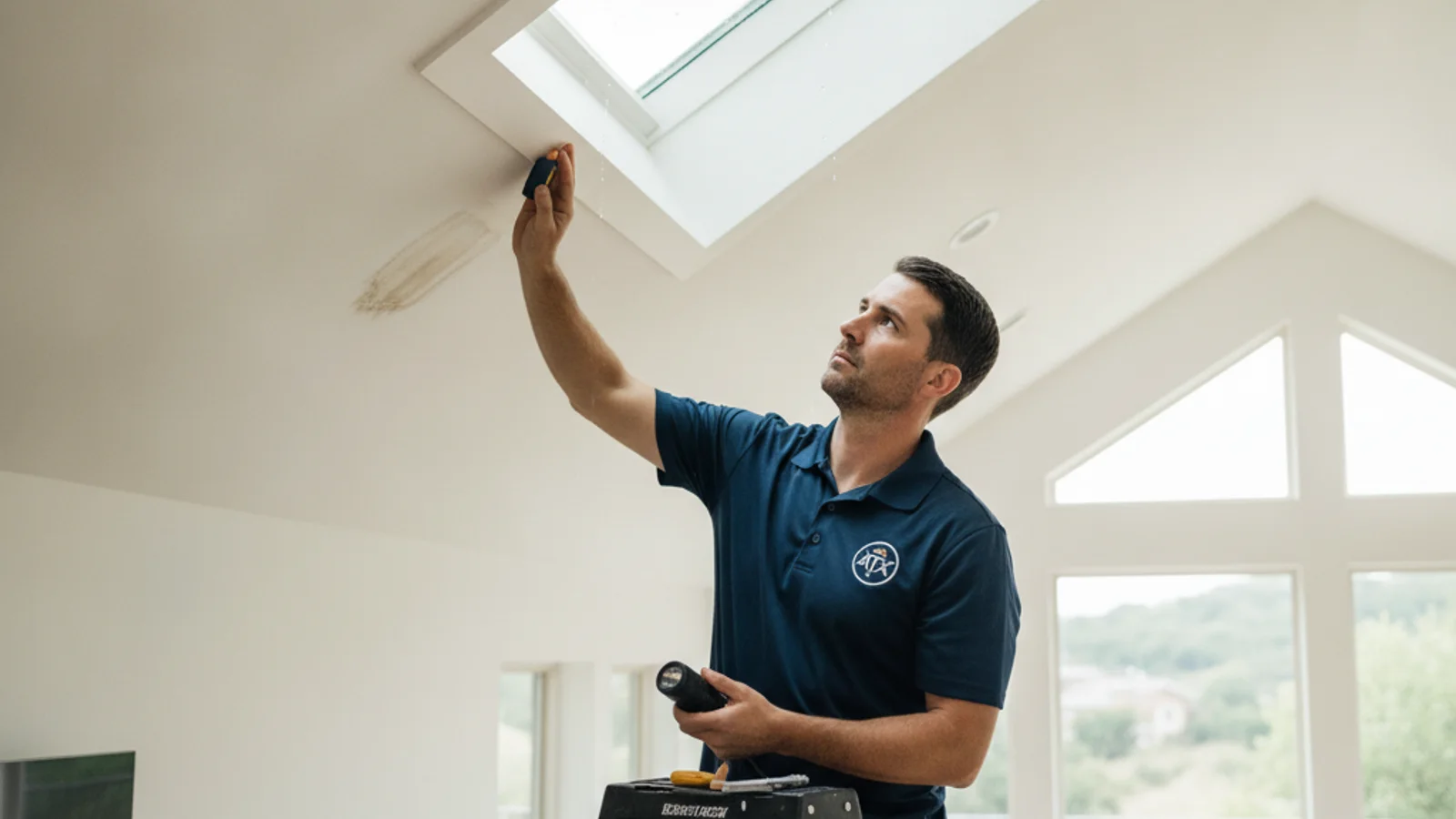 Water stain on a ceiling near a skylight opening in an Austin home