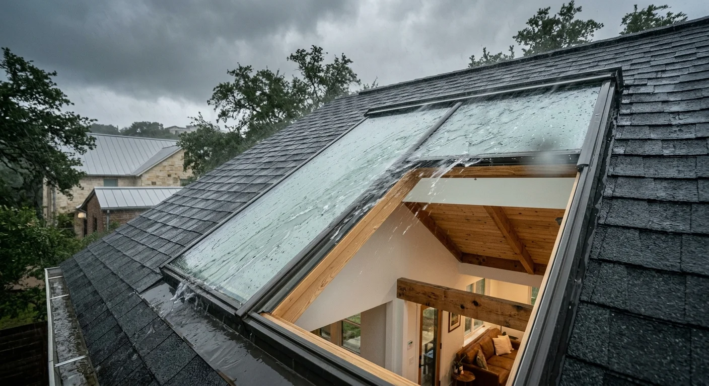 Austin roof skylight during wind-driven rain