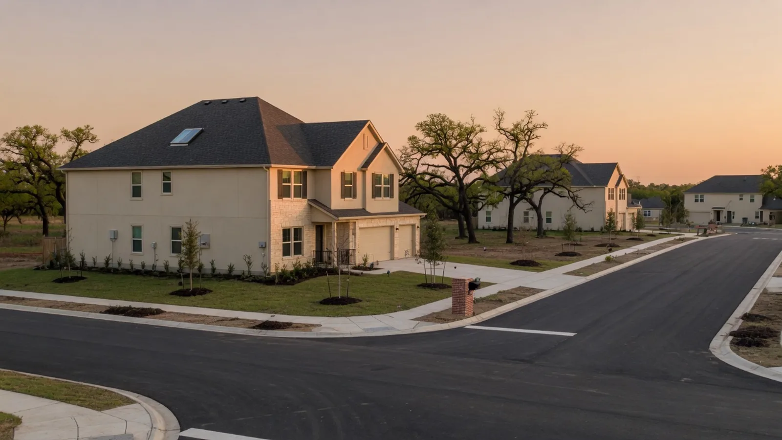 New Hays County tract house with a rectangular skylight on a composition roof