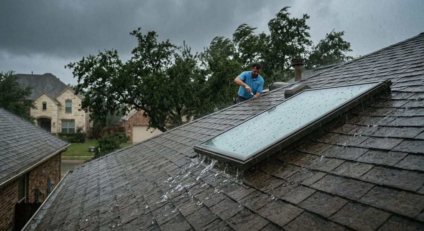 Rain flowing over shingles around an Austin home skylight