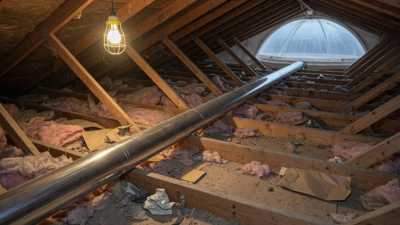 Long rigid solar tube running through wood trusses in an Austin attic