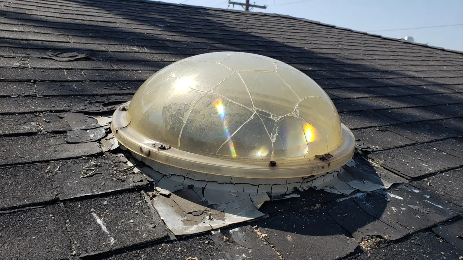 Cracked acrylic solar-tube dome on an Austin asphalt-shingle roof