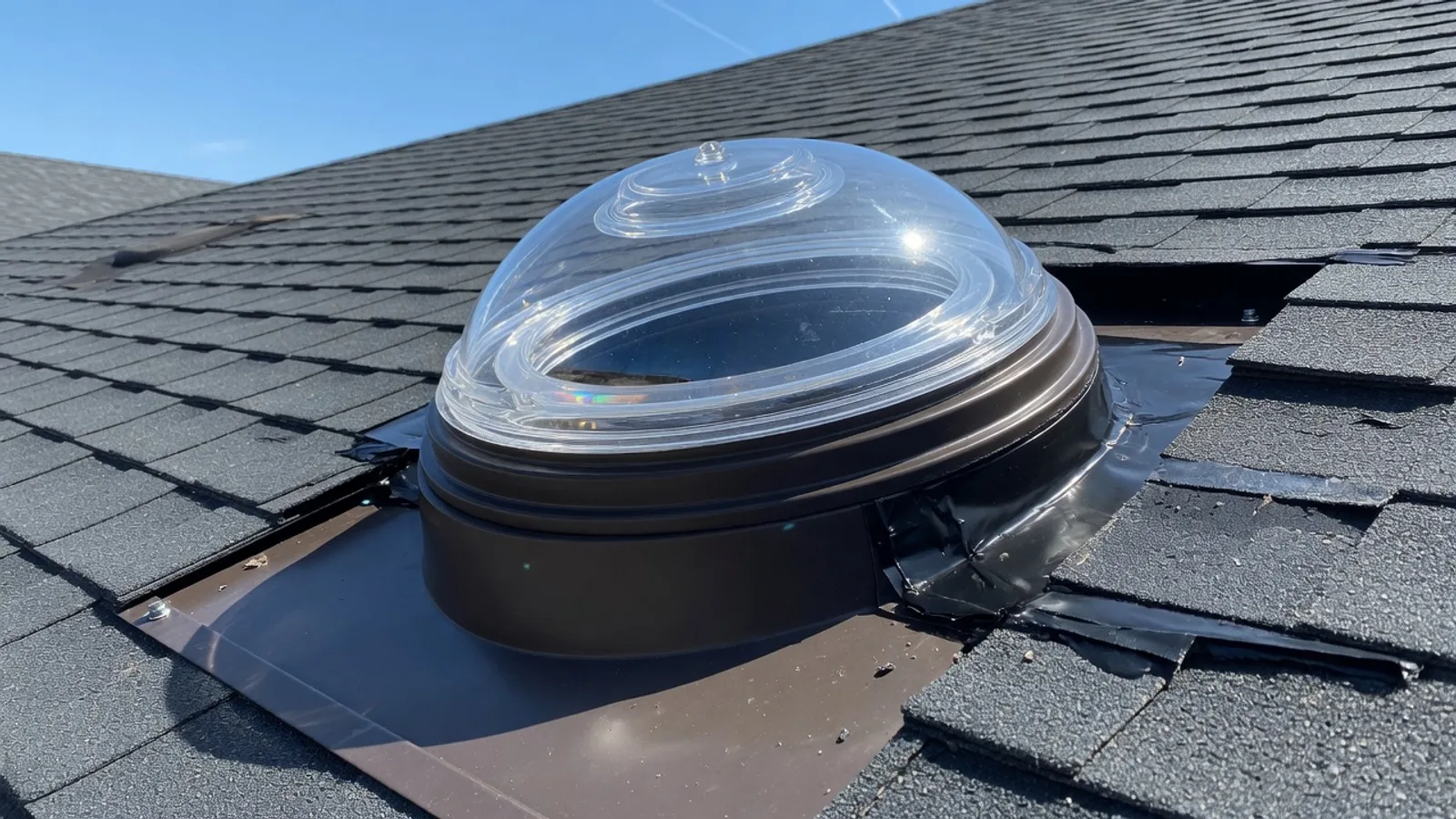 Acrylic solar-tube dome on a shingle roof flashing boot in Austin