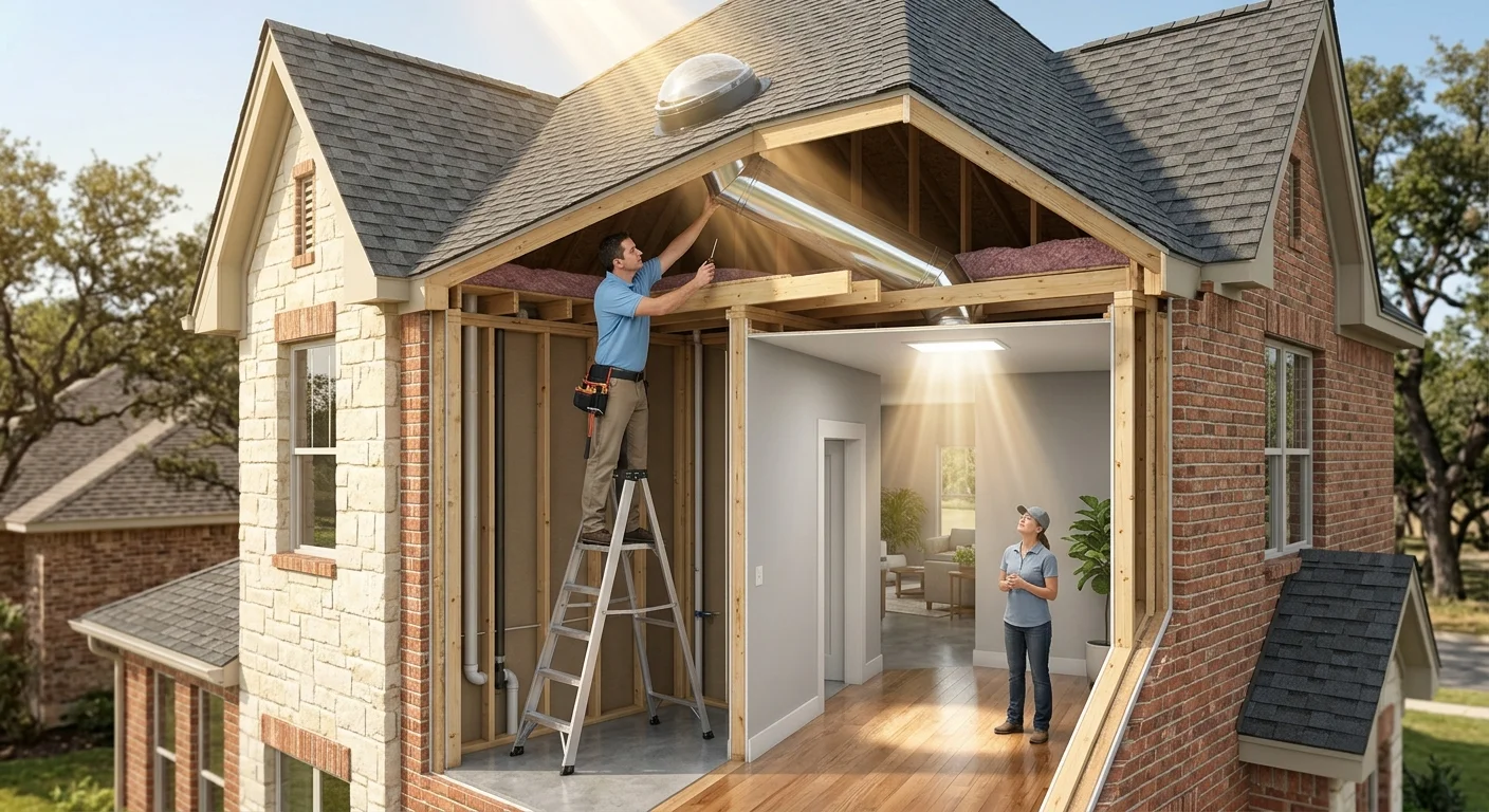 Cutaway of a two-story Austin house with a solar tube from roof to first floor