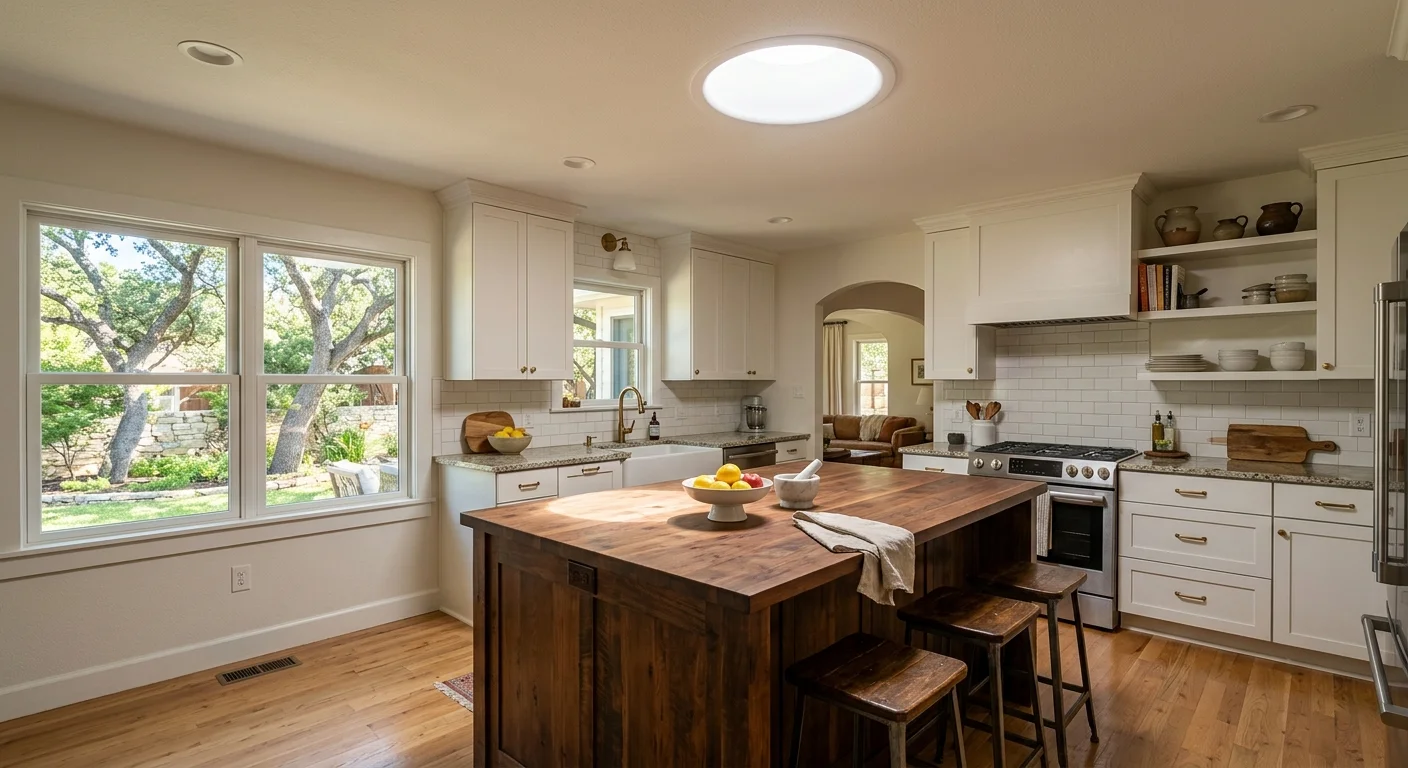 Austin kitchen with a ceiling sun-tunnel diffuser throwing daylight onto a wood island