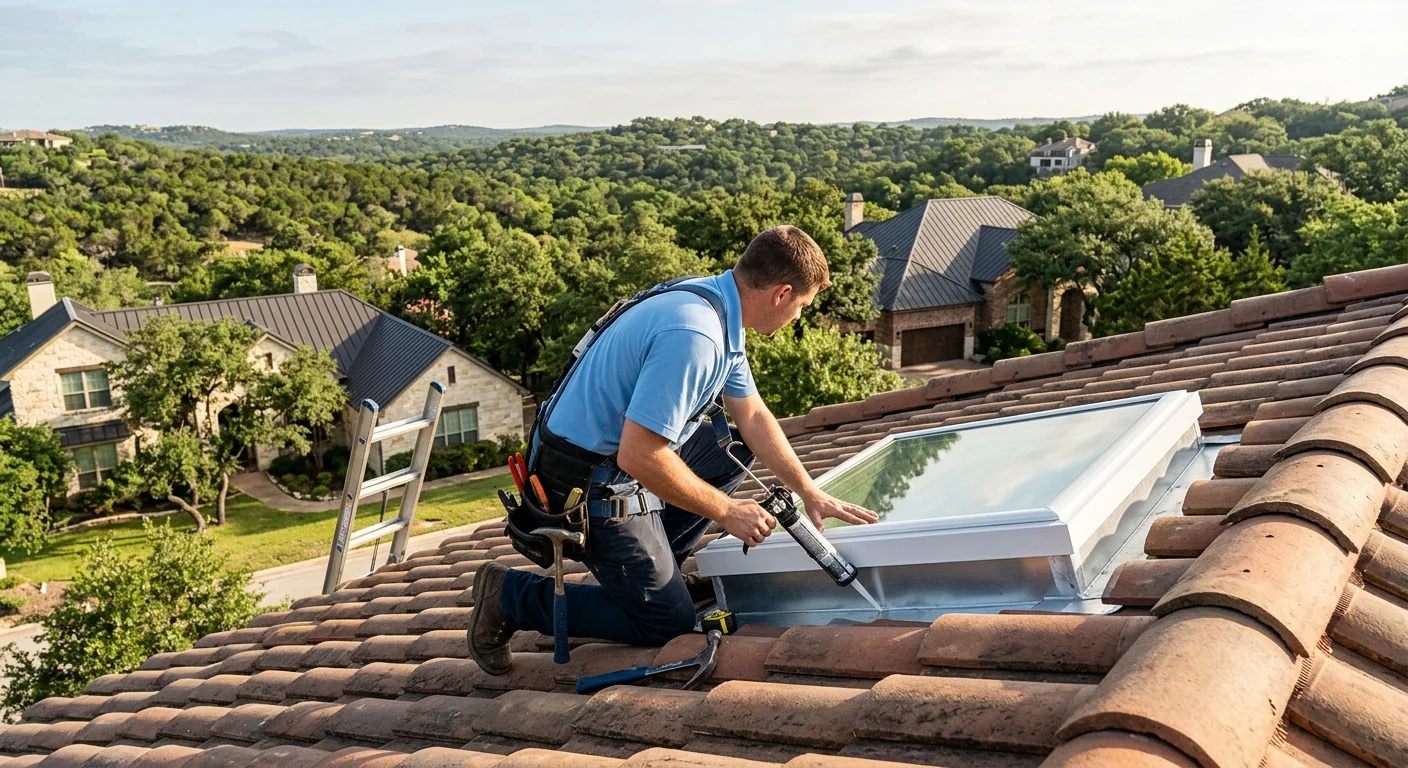 Clay tile roof with a curb-mounted skylight in West Lake Hills