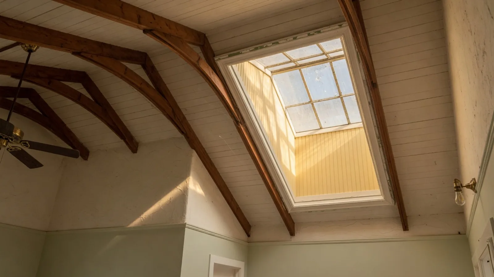 Rectangular skylight well in a vaulted living-room ceiling in Austin
