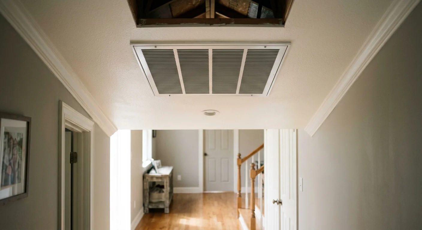 Hallway ceiling with a whole house fan grille in an Austin home