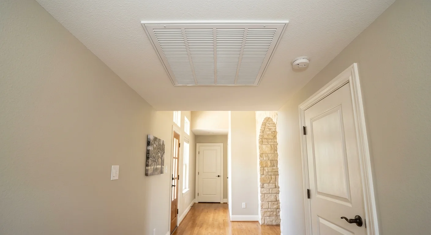 Whole house fan grille in an Austin home hallway ceiling