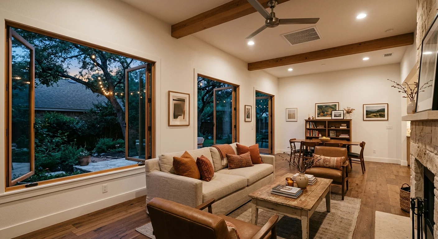 An Austin home interior at dusk with open windows and a ceiling fan grille