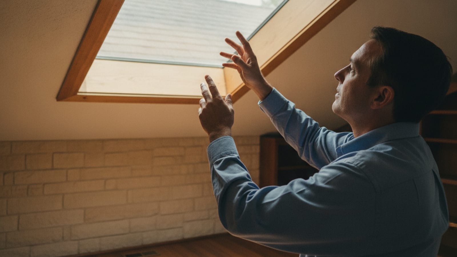 Interior view of a deck-mounted skylight in an Austin home ceiling with daylight coming through the frame