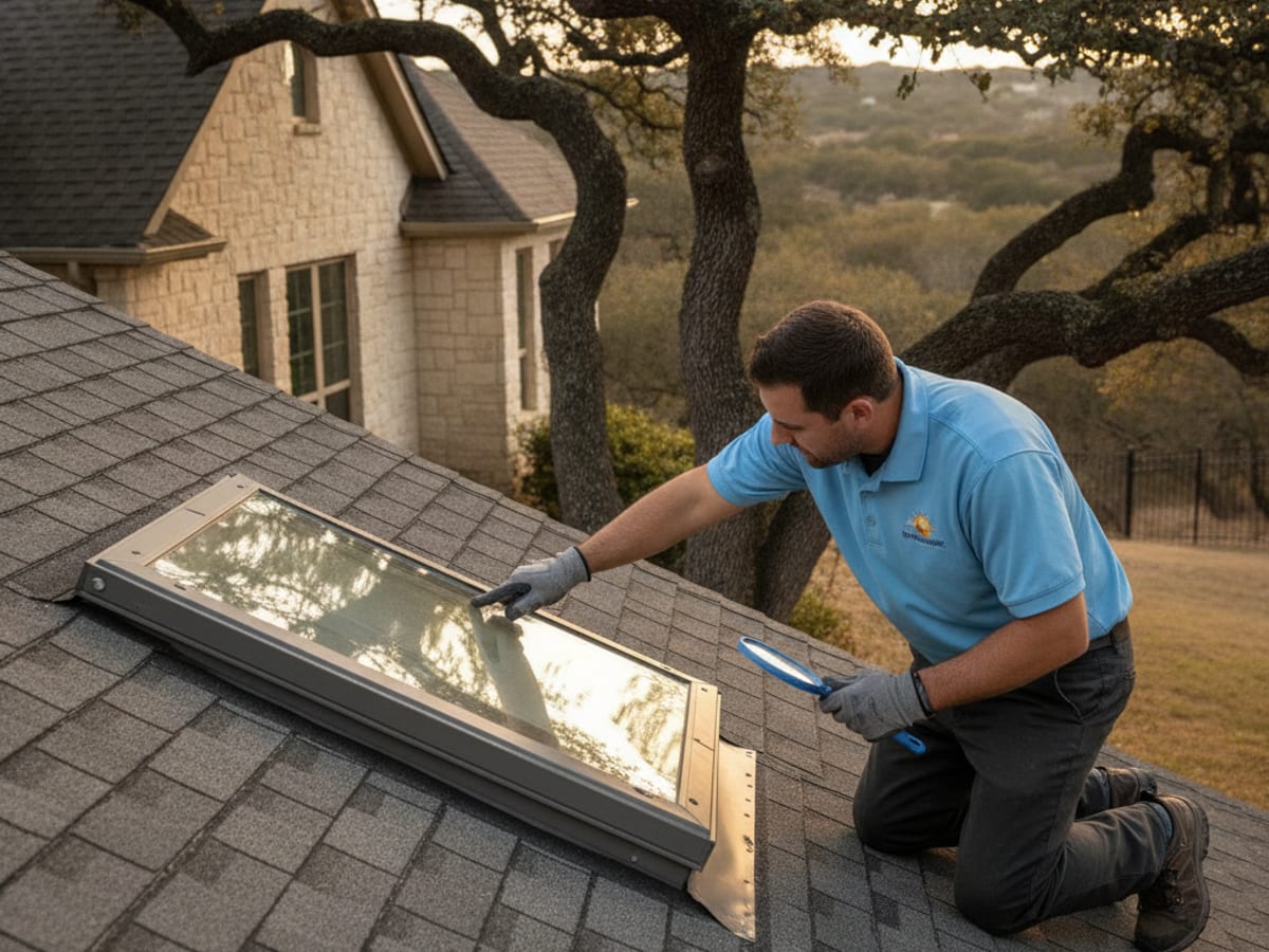 Technician setting a new insulated glass unit into an existing skylight frame