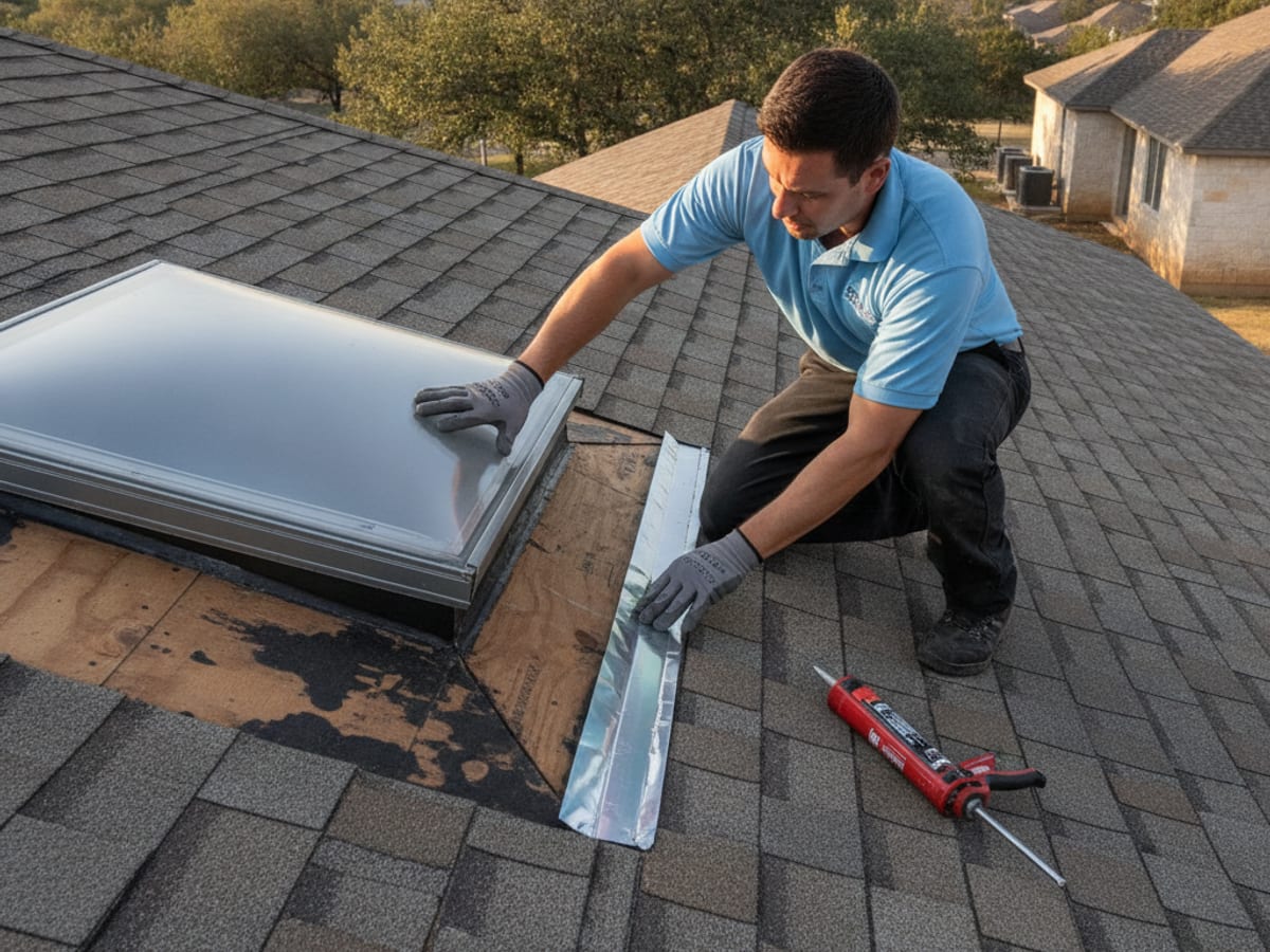 Technician inspecting failed flashing around a skylight curb during a leak diagnosis