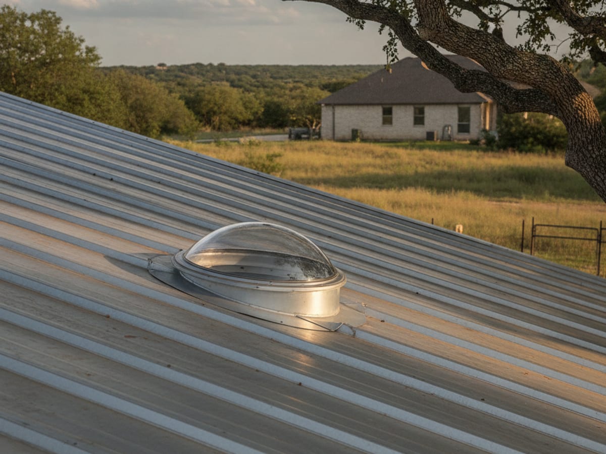 Sun tunnel dome and flashing collar mounted on a composition shingle roof above the attic run